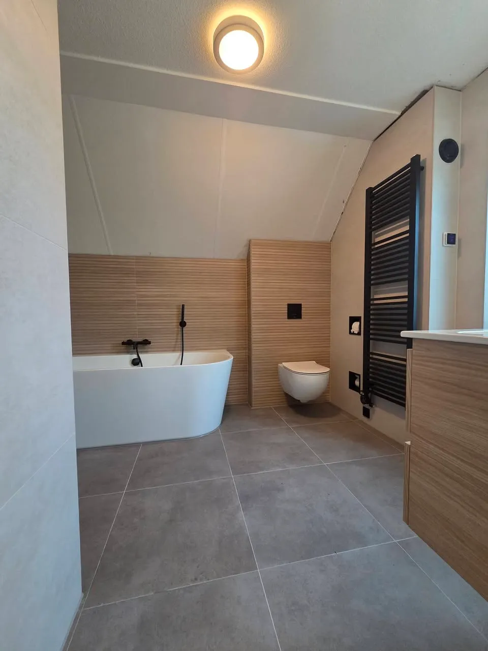 Afgewerkte badkamer met houtlook wand, ligbad en toilet